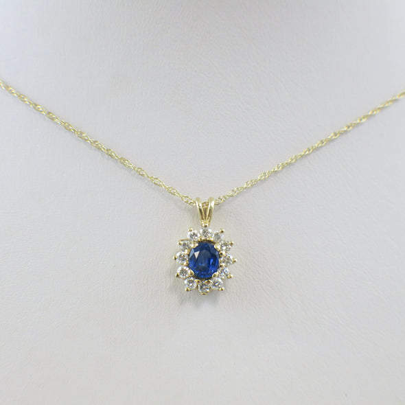 14K Yellow Gold Oval Sapphire & Diamond Halo Necklace – 20 Inch, Blue Gemstone Pendant