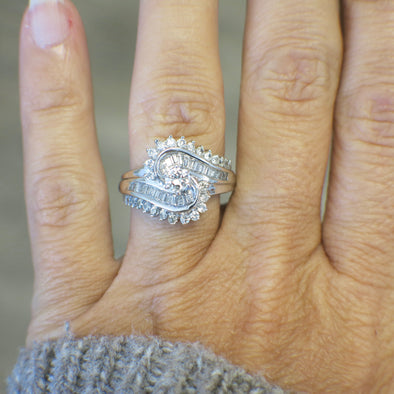 14K White Gold Diamond Bypass Ring – 1.25 CTW Vintage Statement Ring – Size 6.5