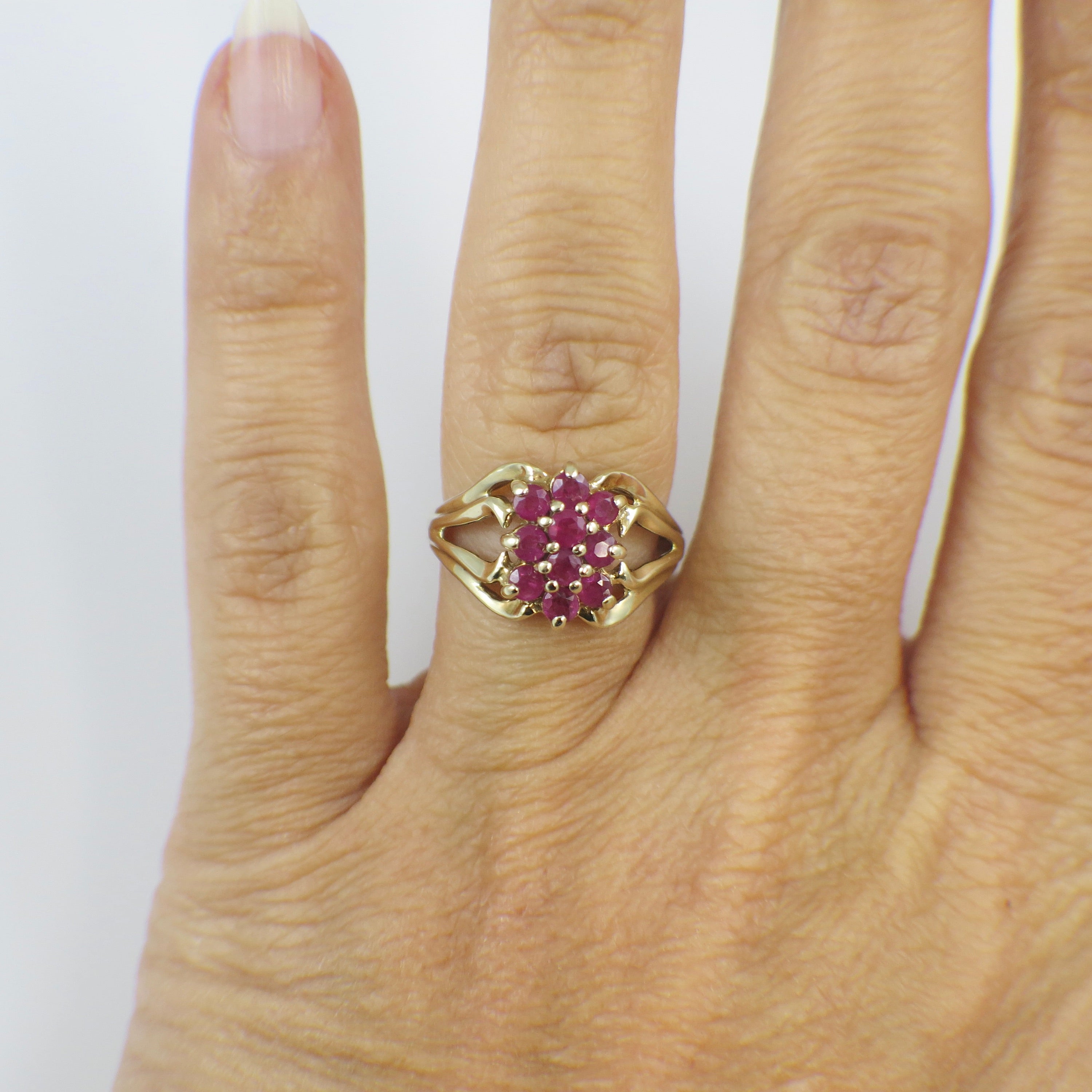 10K Yellow Gold Natural Ruby Cluster Ring – Floral Statement Jewelry