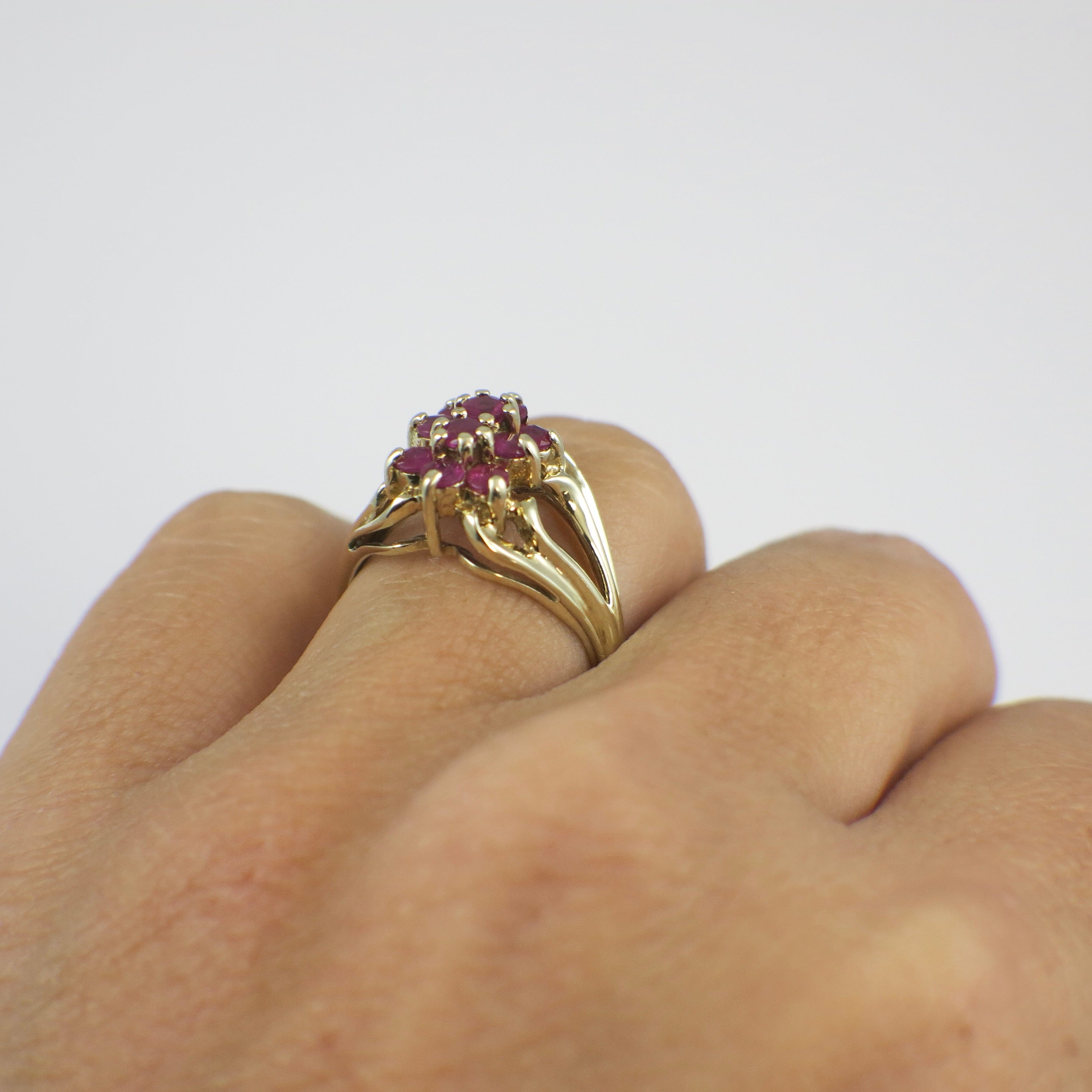 10K Yellow Gold Natural Ruby Cluster Ring – Floral Statement Jewelry