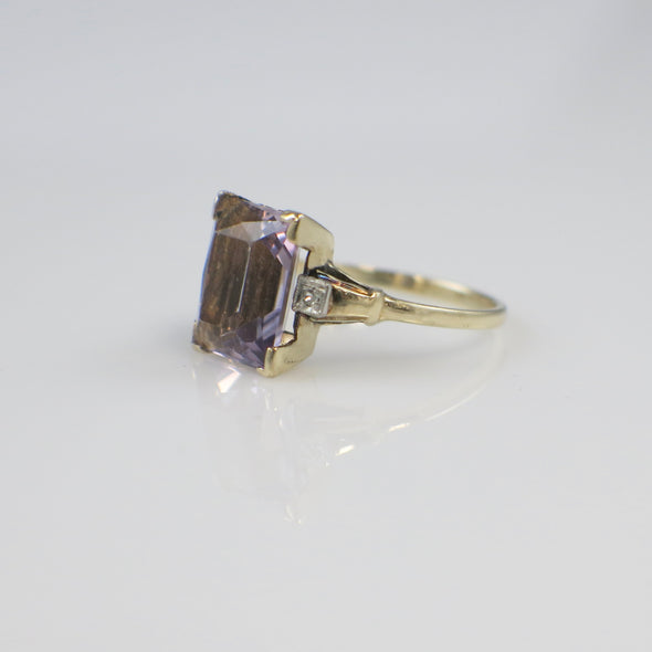 10K Yellow Gold Amethyst Emerald Cut Ring with Diamond Accents – Size 5.25