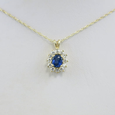 14K Yellow Gold Oval Sapphire & Diamond Halo Necklace – 20 Inch, Blue Gemstone Pendant