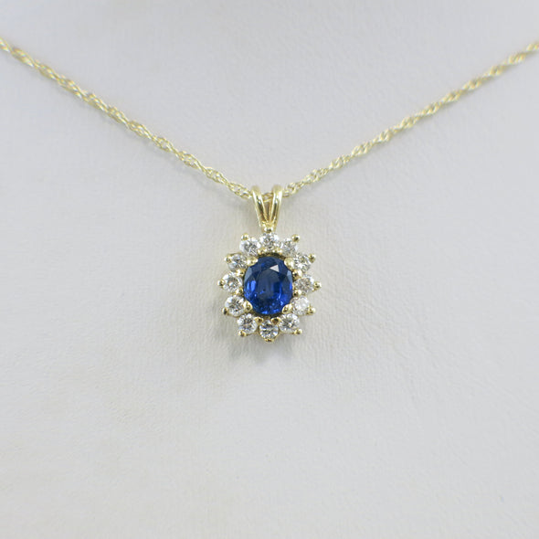 14K Yellow Gold Oval Sapphire & Diamond Halo Necklace – 20 Inch, Blue Gemstone Pendant