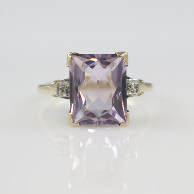 10K Yellow Gold Amethyst Emerald Cut Ring with Diamond Accents – Size 5.25