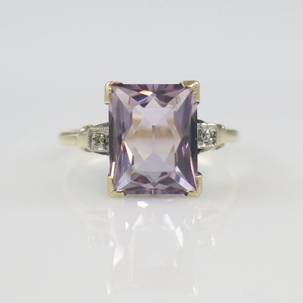 10K Yellow Gold Amethyst Emerald Cut Ring with Diamond Accents – Size 5.25