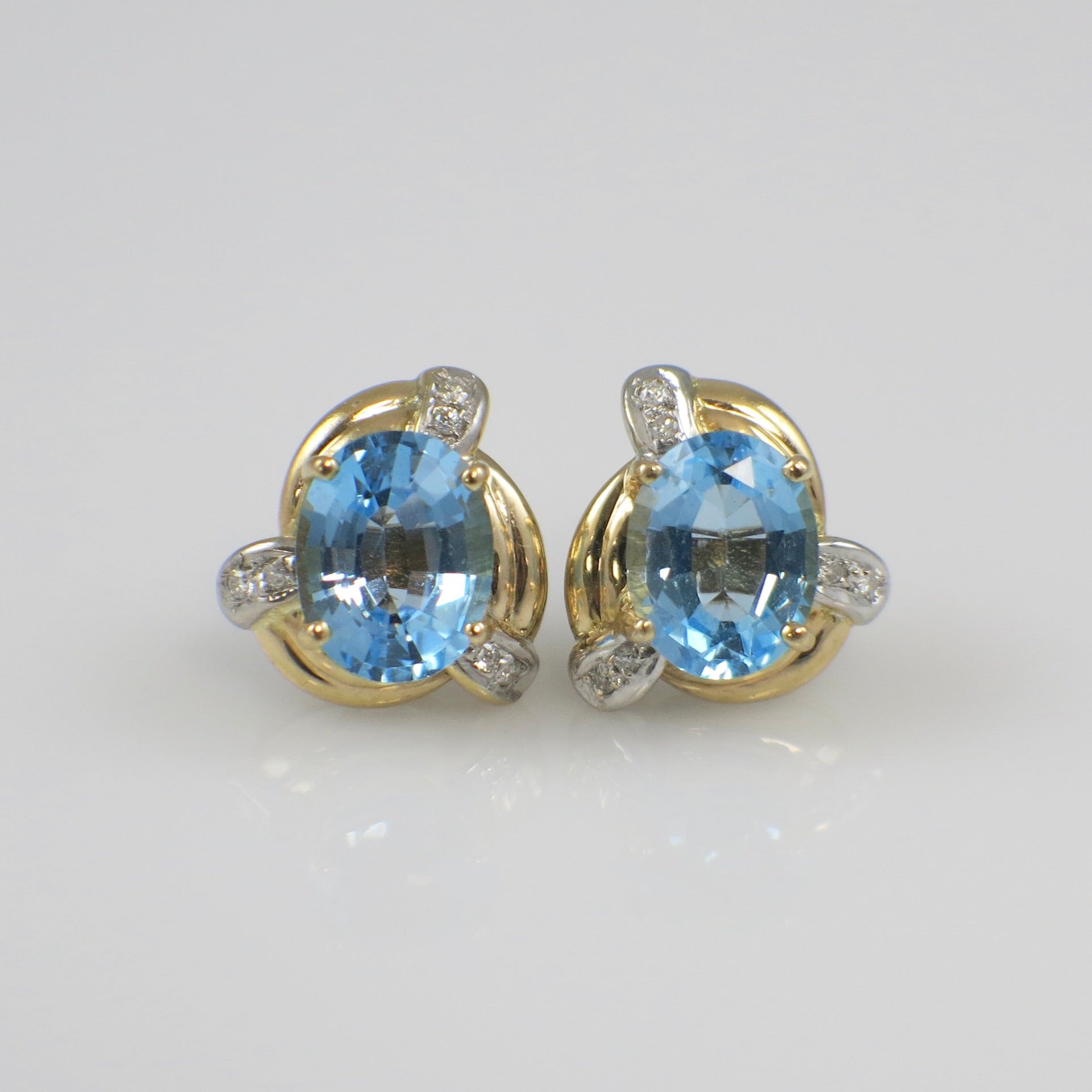 14K Yellow Gold Oval Blue Topaz and Diamond Earrings – Statement Studs