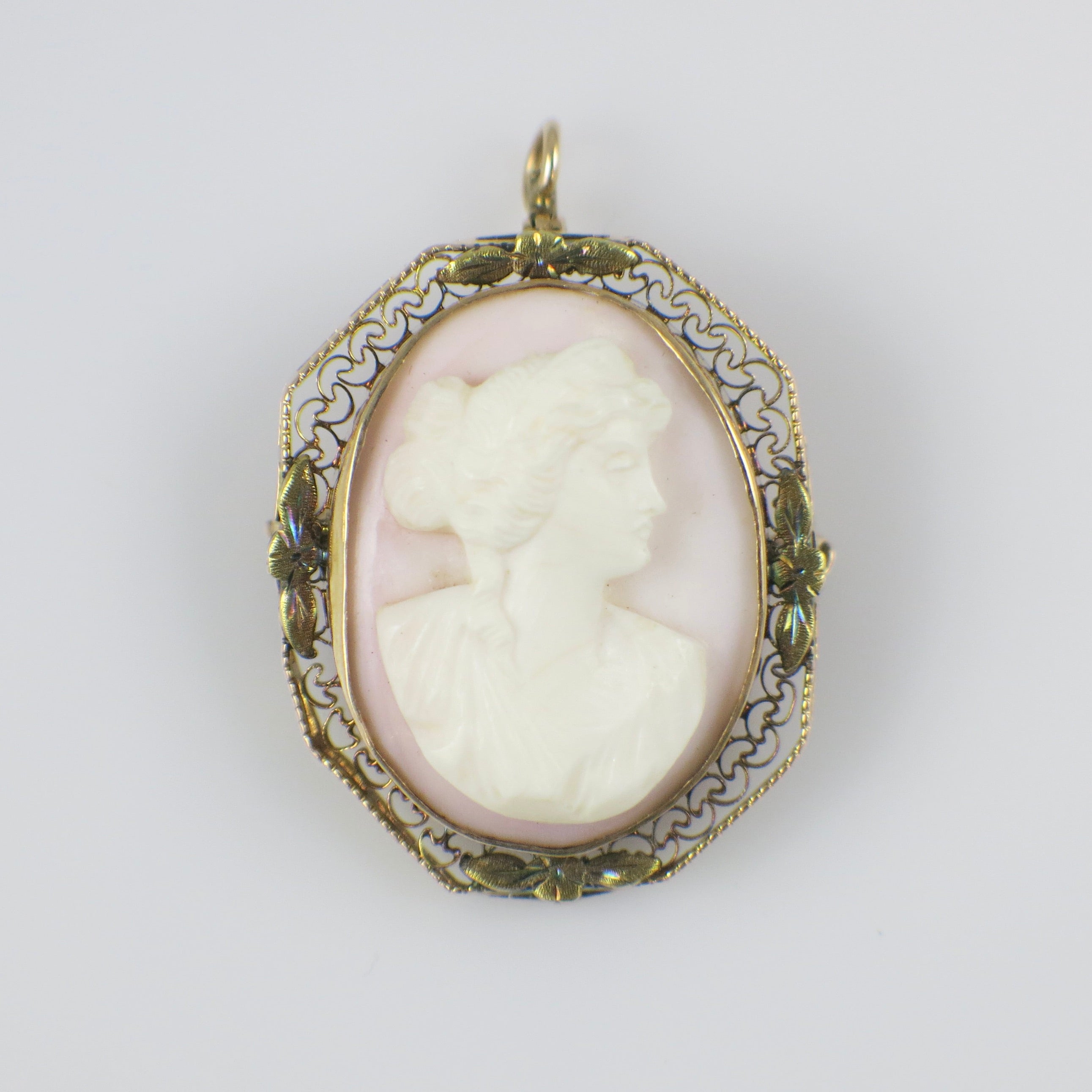 10K Yellow Gold Filigree Cameo Pendant – Vintage Carved Shell Cameo – Antique Style Jewelry - Black Market LLC