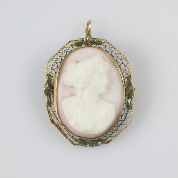 10K Yellow Gold Filigree Cameo Pendant – Vintage Carved Shell Cameo – Antique Style Jewelry