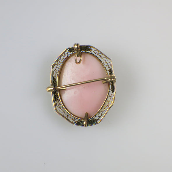 10K Yellow Gold Filigree Cameo Pendant – Vintage Carved Shell Cameo – Antique Style Jewelry