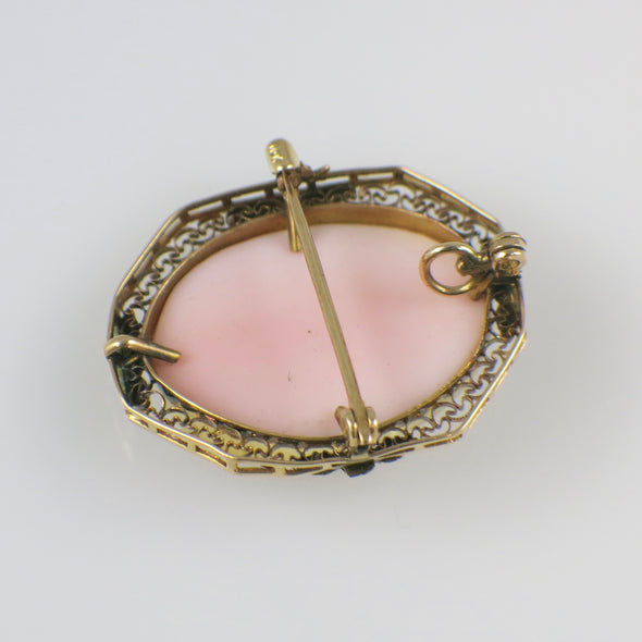 10K Yellow Gold Filigree Cameo Pendant – Vintage Carved Shell Cameo – Antique Style Jewelry