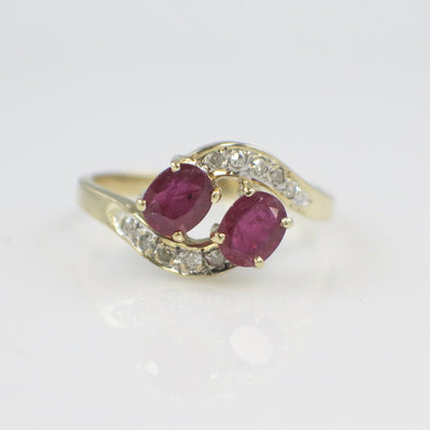 14K Yellow Gold Ruby and Diamond Bypass Ring – Size 6