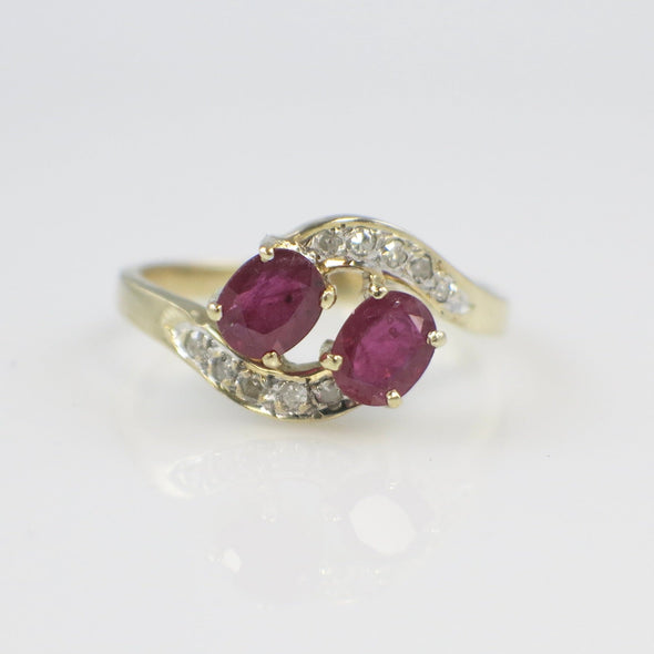 14K Yellow Gold Ruby and Diamond Bypass Ring – Size 6