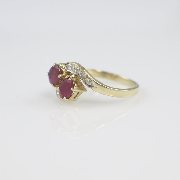 14K Yellow Gold Ruby and Diamond Bypass Ring – Size 6