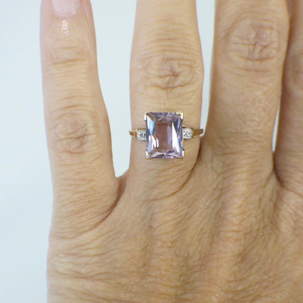 10K Yellow Gold Amethyst Emerald Cut Ring with Diamond Accents – Size 5.25