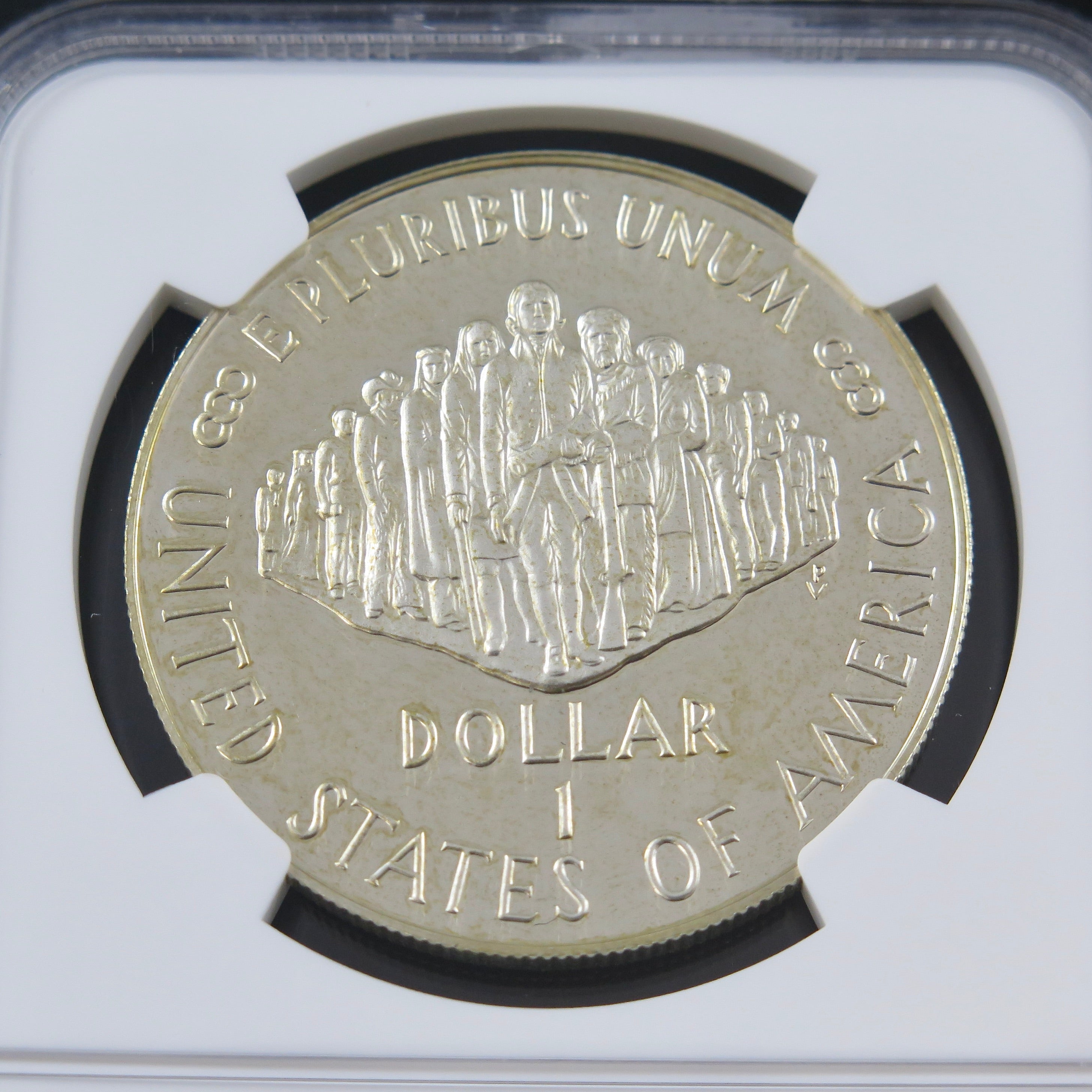 1987-S Constitution Silver Dollar commemorative coin with PF69 Ultra Cameo grade, featuring detailed patriotic design.