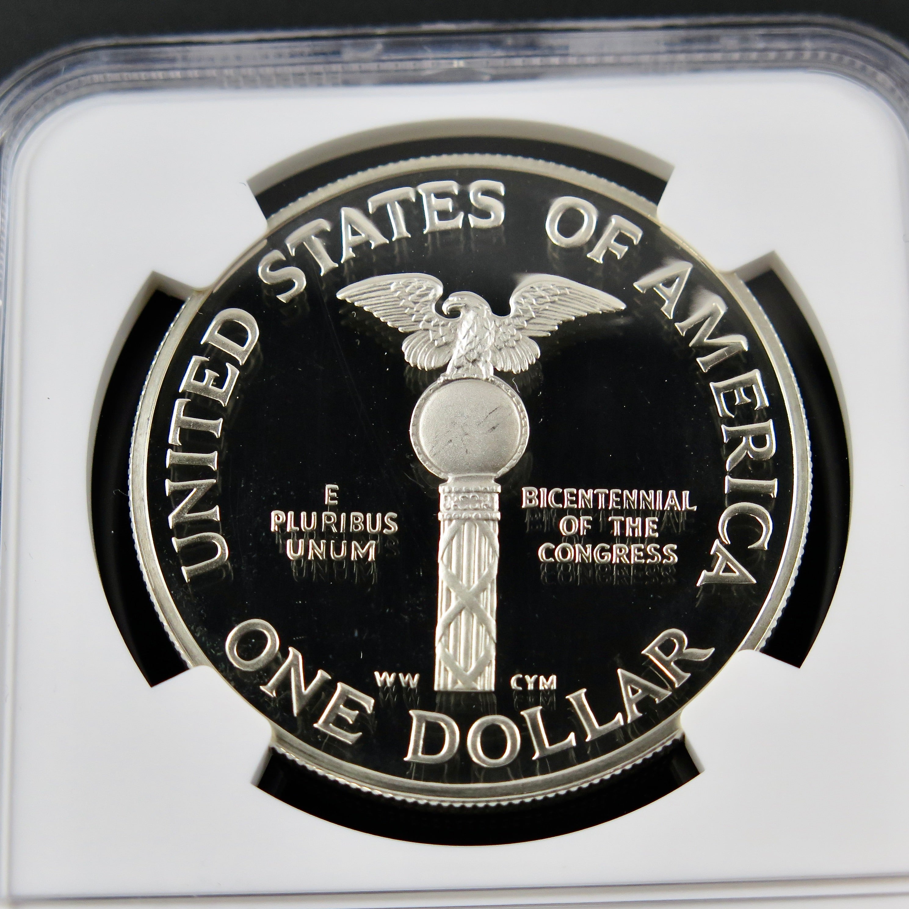 Silver dollar coin, 1989-S Congress Silver Dollar, PF69 Ultra Cameo, commemorative coin by Black Market LLC, detailed close-up image.