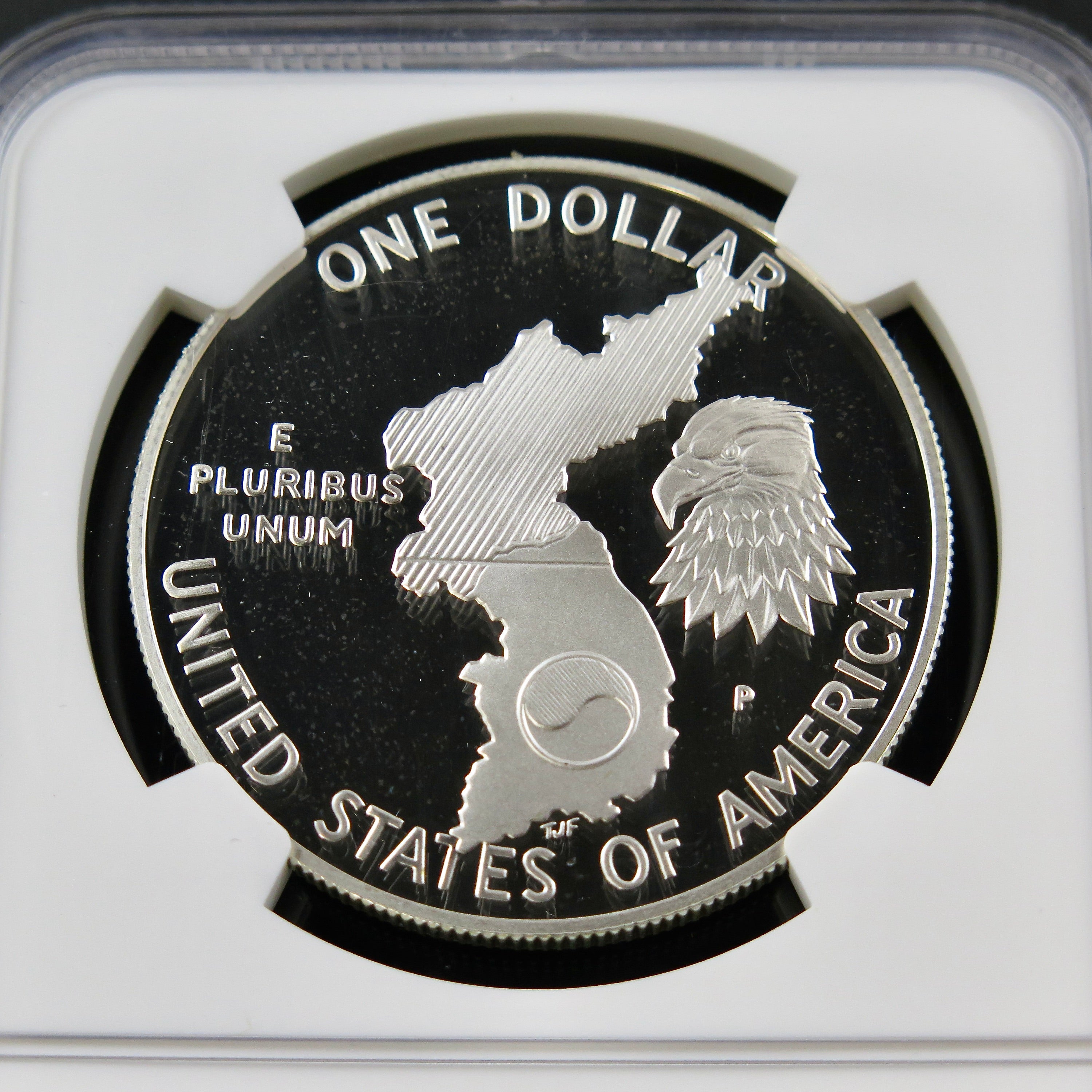 Korean War Silver Dollar 1991-P commemorative coin, PF69 Ultra Cameo grade, showcasing intricate military design details.
