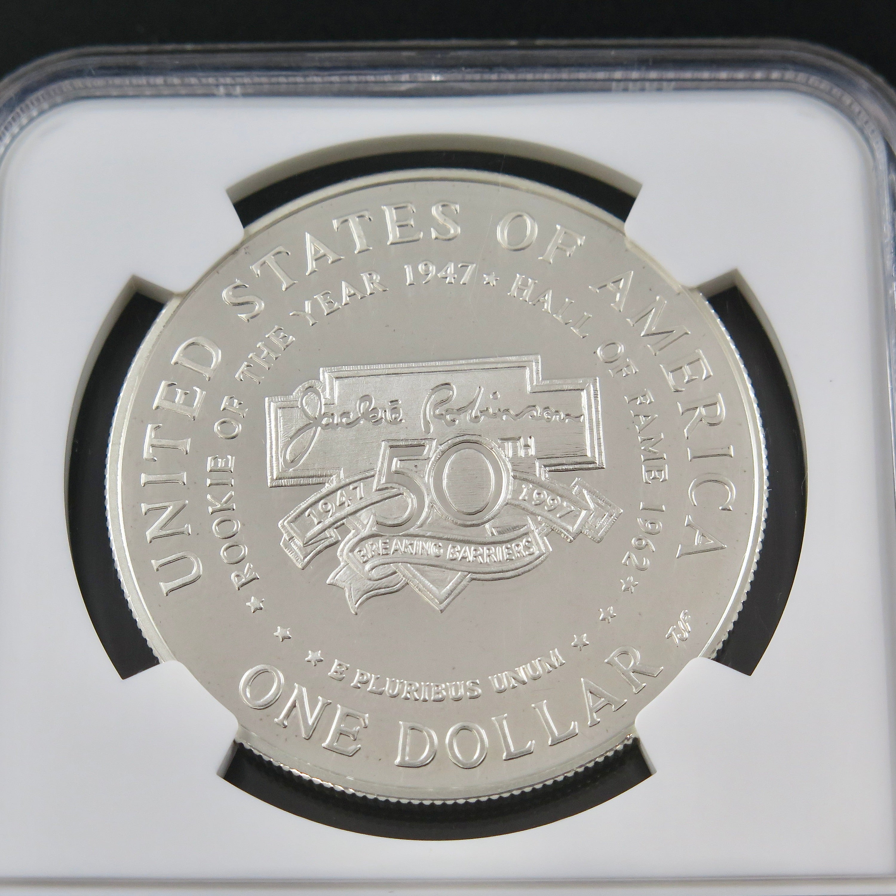 Silver dollar coin featuring Jackie Robinson, 1997-S PF69 NGC Ultra Cameo commemorative coin from Black Market LLC.