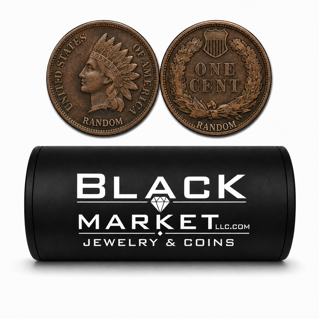 Roll of 50 circulated Indian Head cents, U.S. coinage, bulk coin collection from Black Market LLC.