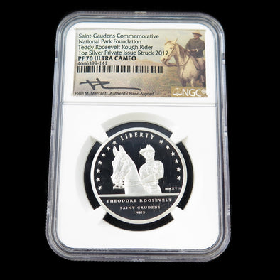 2017 Saint-Gaudens Commemorative – Teddy Roosevelt Rider – 1 oz Silver – NGC PF70 Ultra Cameo – Mercanti Signed