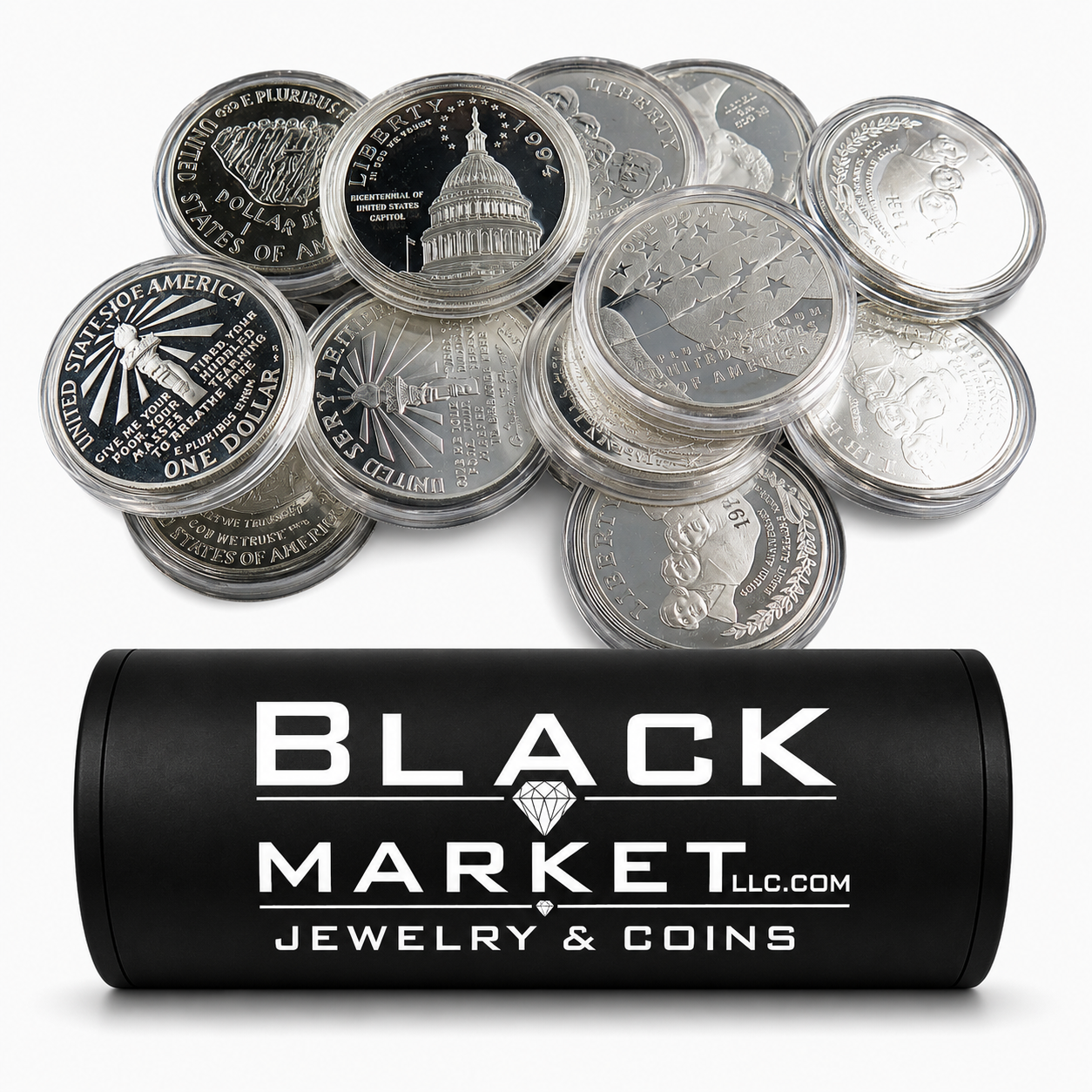 Close-up of a modern commemorative silver coin from Black Market LLC, featuring intricate designs and mixed issue details.