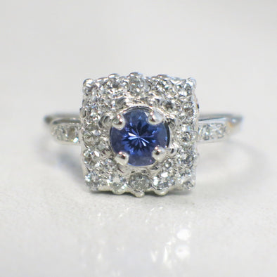Vintage Platinum Tanzanite & Diamond Halo Ring – Square Cluster, AAA Violet Stone, .56 CTW Diamonds, Size 6.75