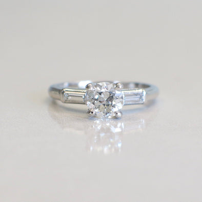 Platinum 1.06 CTW Diamond Engagement Ring – Vintage Three Stone Ring with Baguette Side Stones, Size 6