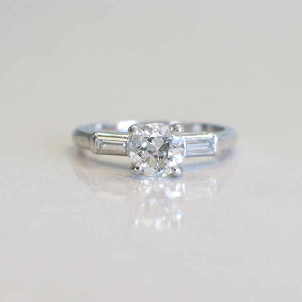 Platinum Three Stone Diamond Engagement Ring | Vintage Round & Baguette 1.06 CTW Size 6