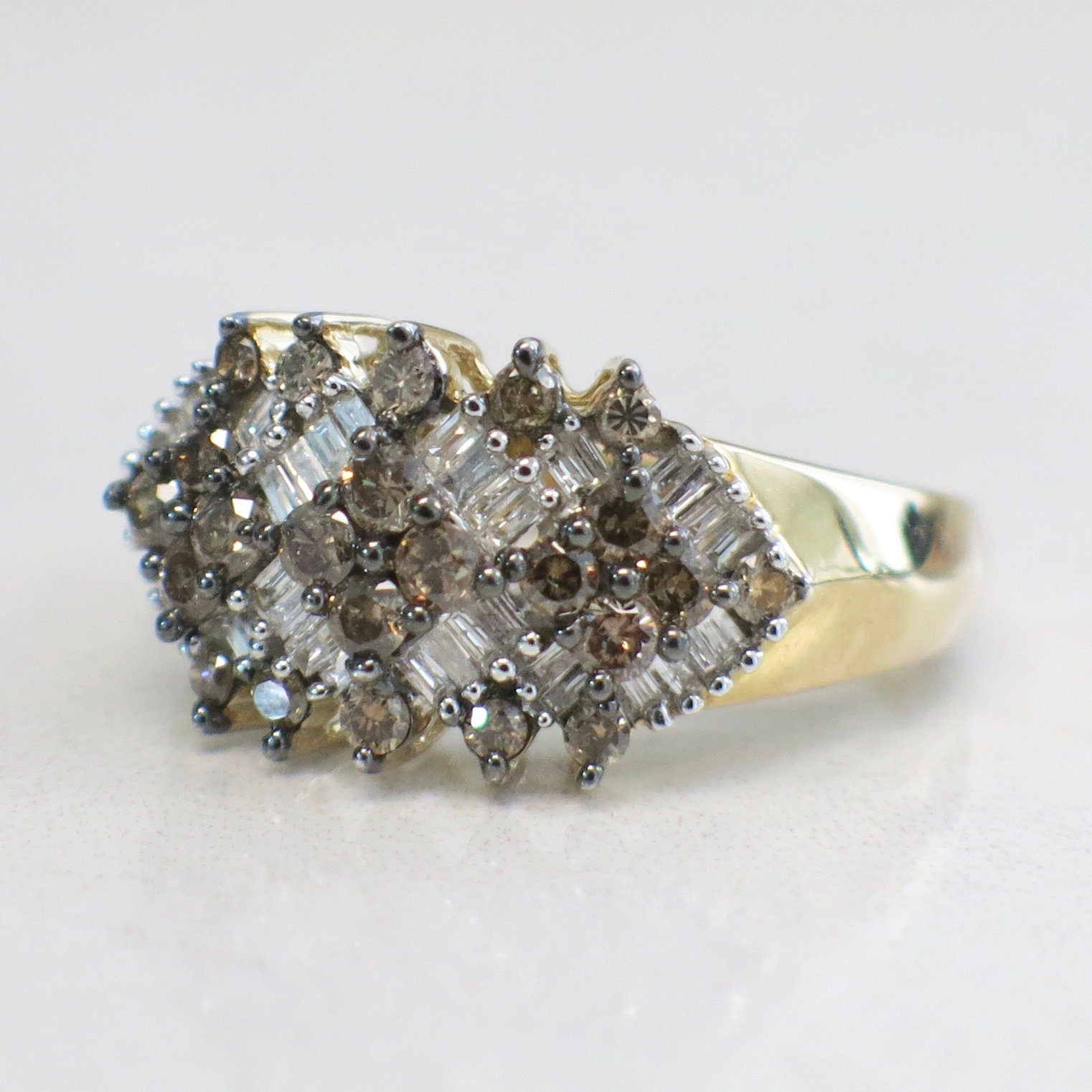 10K Yellow Gold Champagne & White Diamond Cluster Ring | 0.90 CTW Size 7.25 - Black Market LLC