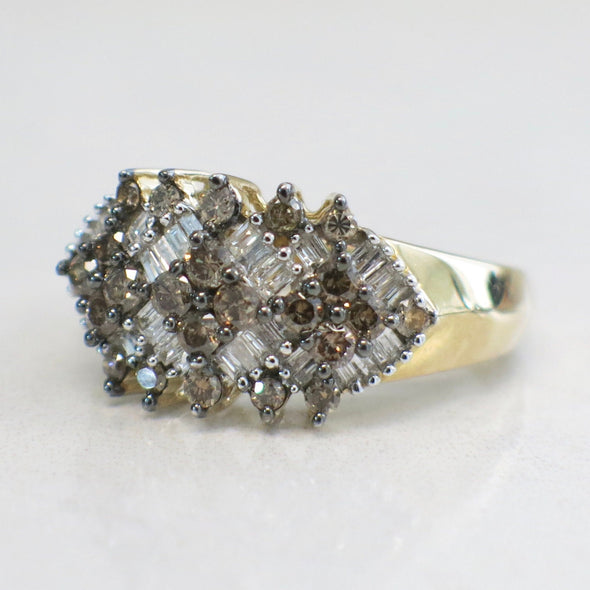 10K Yellow Gold Champagne and White Diamond Cluster Ring Size 7.25