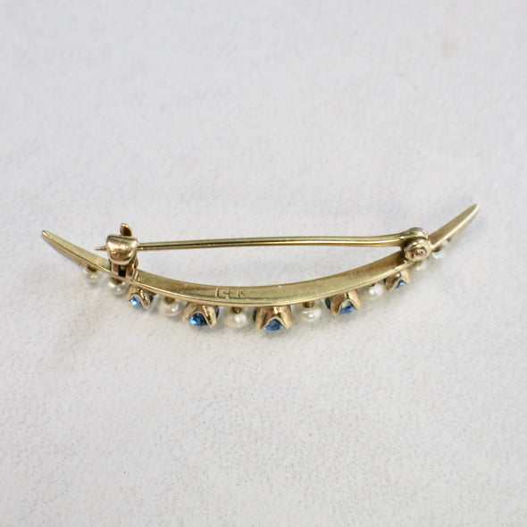 Vintage Ceylon Sapphire and Pearl Pin 14K Gold Curved Brooch