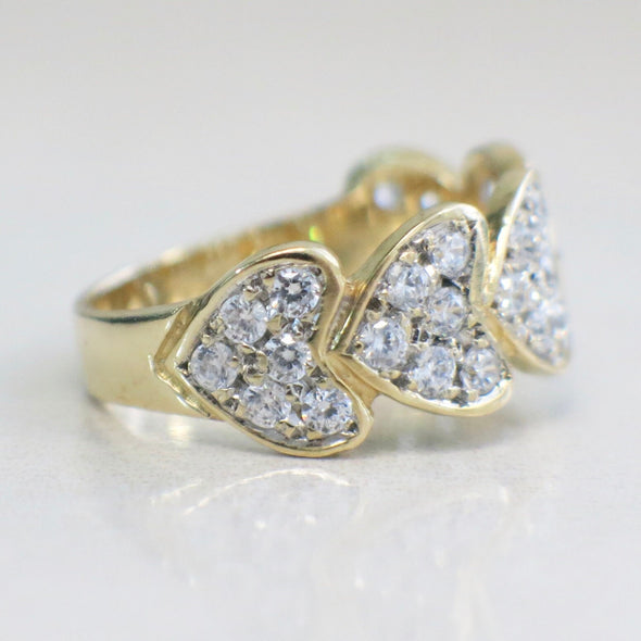 14K Yellow Gold Pave Diamond Heart Ring, Stacking Hearts Band, Diamond Band Gift for Her