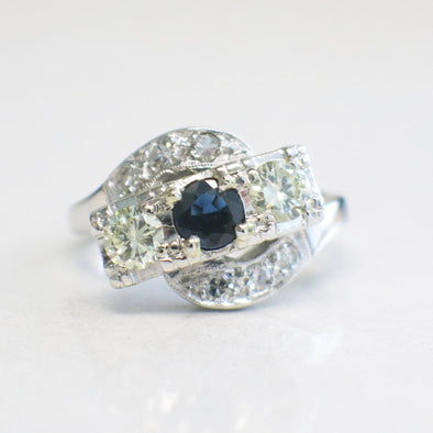 14K White Gold Sapphire and Diamond Art Deco Ring | Milgrain Detail | Vintage Alternative Engagement Ring | Size 5.75
