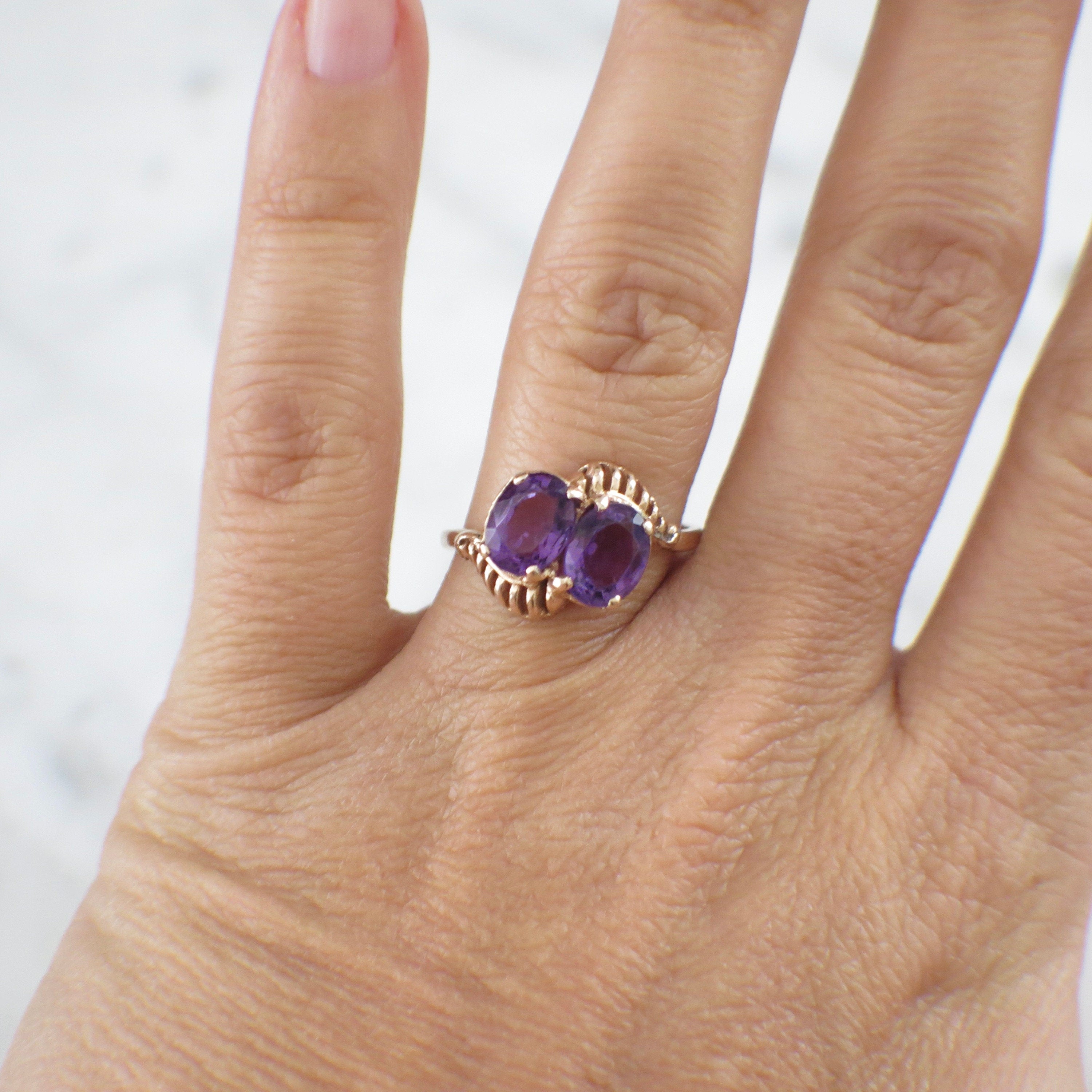 14K Yellow Gold Double Oval Amethyst Ring | Vintage Style Statement Ring Size 7.5 - Black Market LLC