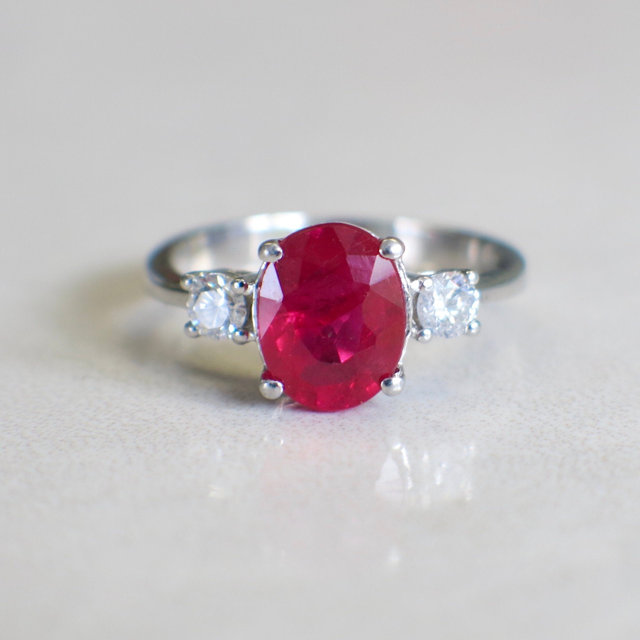 Vintage Ruby and DiamVintage Oval Ruby and Diamond Ring | 14K White Gold Three Stone Engagement 1.9ct Size 5.25ond Ring | 14K White Gold Three Stone 1.9ct - Black Market LLC