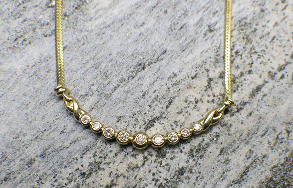 14K Yellow Gold Diamond Bar Necklace | Graduated Bezel-Set Curve with 9 Diamonds 17 Inch