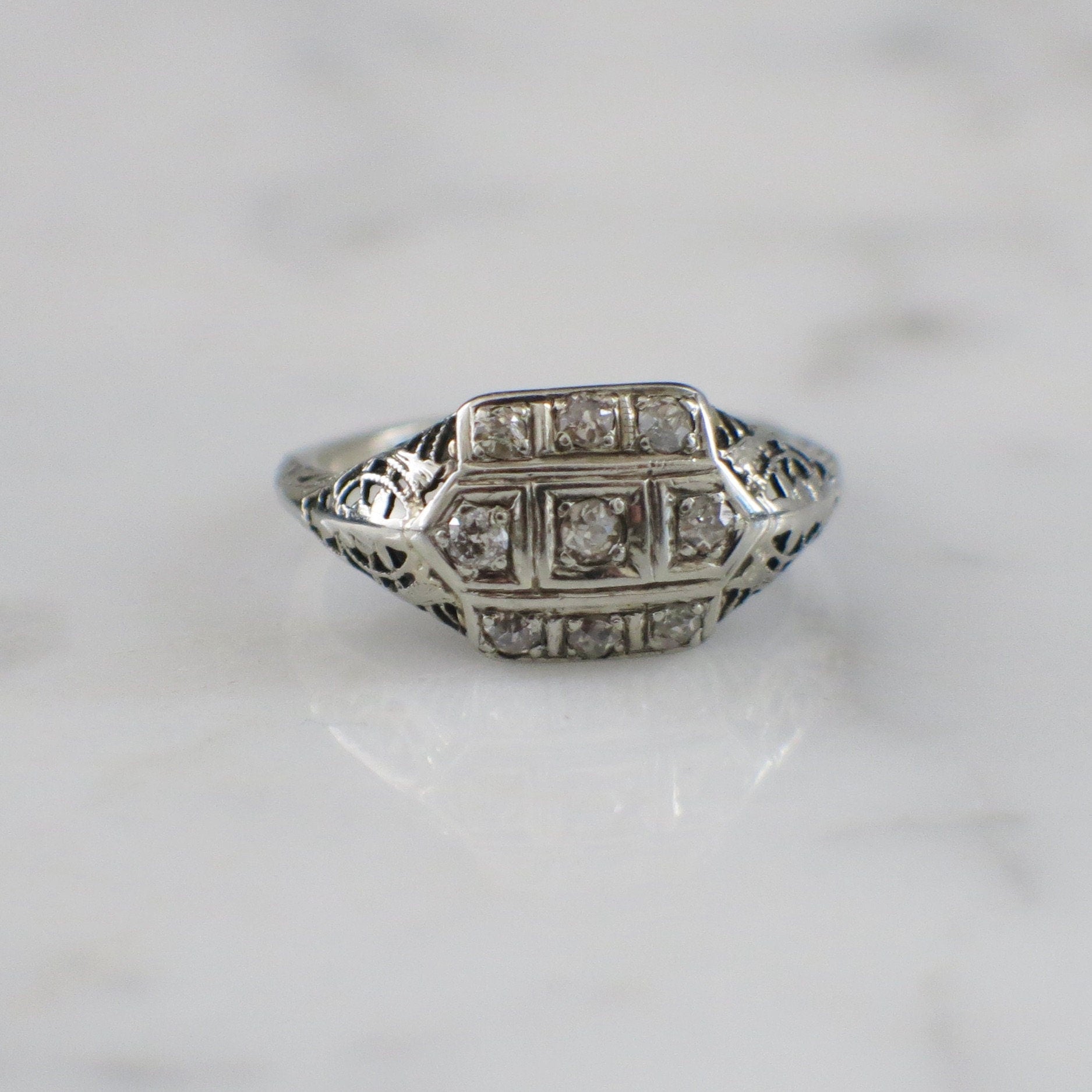 Art Deco Diamond Filigree Ring | 14K White Gold Vintage Engagement Ring .21 CTW Size 6.5 - Black Market LLC