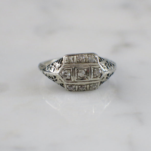Art Deco Diamond Filigree Ring 14K White Gold Vintage Engagement .21 CTW