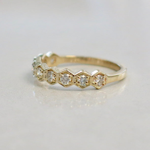 14K Yellow Gold Hexagon Diamond Wedding Band Stackable Geometric Ring 4mm