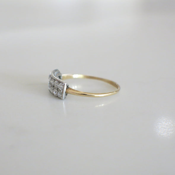 Art Deco Double Row Diamond Ring in 14K Yellow Gold and Platinum, Vintage Old European Cut Diamond Band
