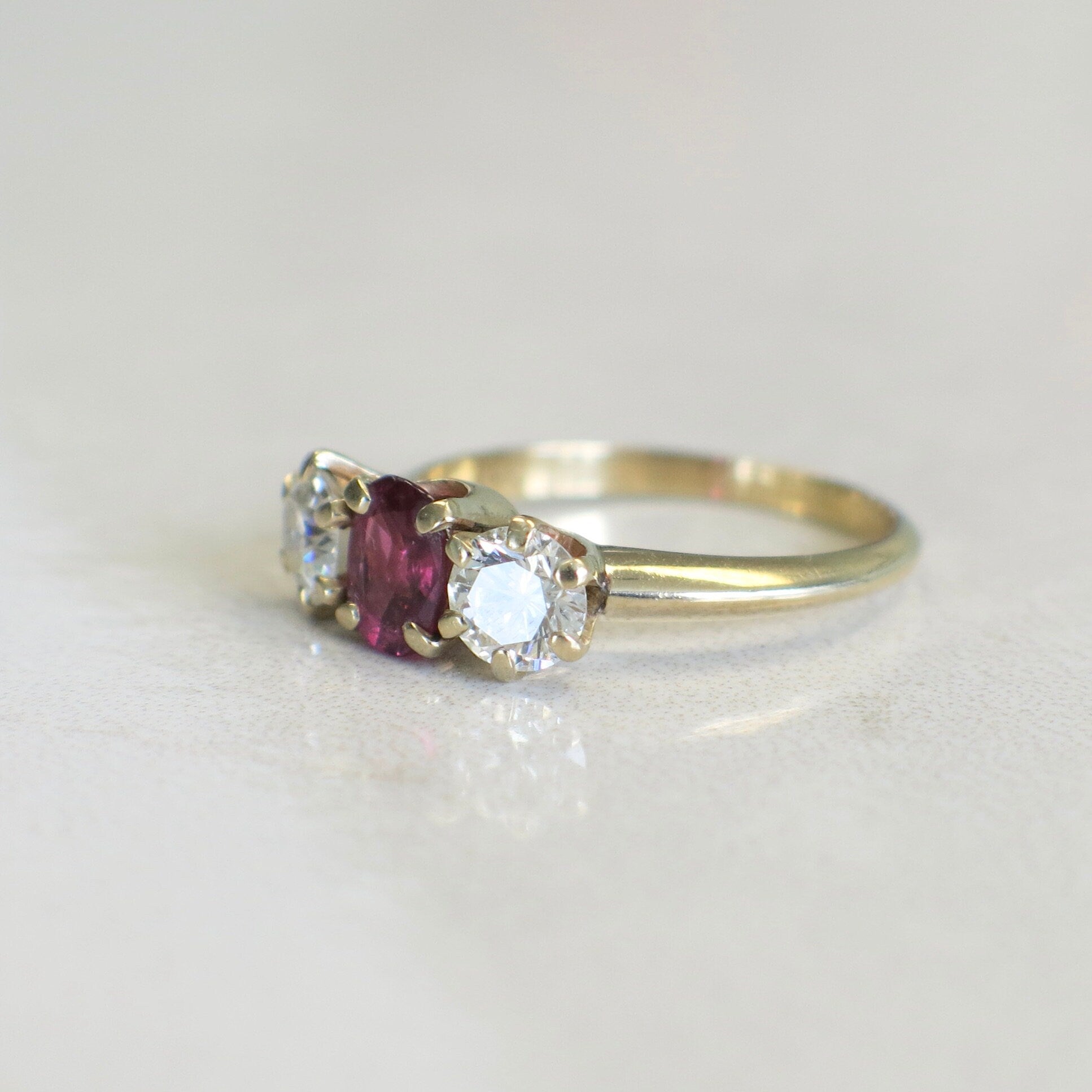 14K Yellow Gold Ruby and Diamond Three-Stone Ring | Vintage Alternative Engagement 1.00ctw Size 5.75 - Black Market LLC