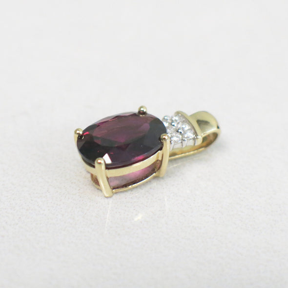 14K Yellow Gold Garnet and Diamond Pendant | Vintage Rhodolite Oval