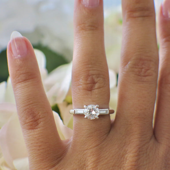 Platinum Three Stone Diamond Engagement Ring | Vintage Round & Baguette 1.06 CTW Size 6