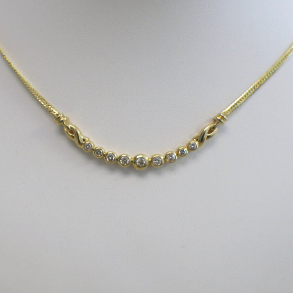 14K Yellow Gold Diamond Bar Necklace | Graduated Bezel-Set Curve with 9 Diamonds 17 Inch