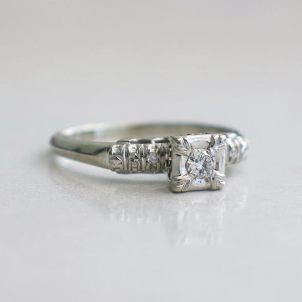 Vintage 14K White Gold Diamond Engagement Ring | Square Head Setting Size 8.5