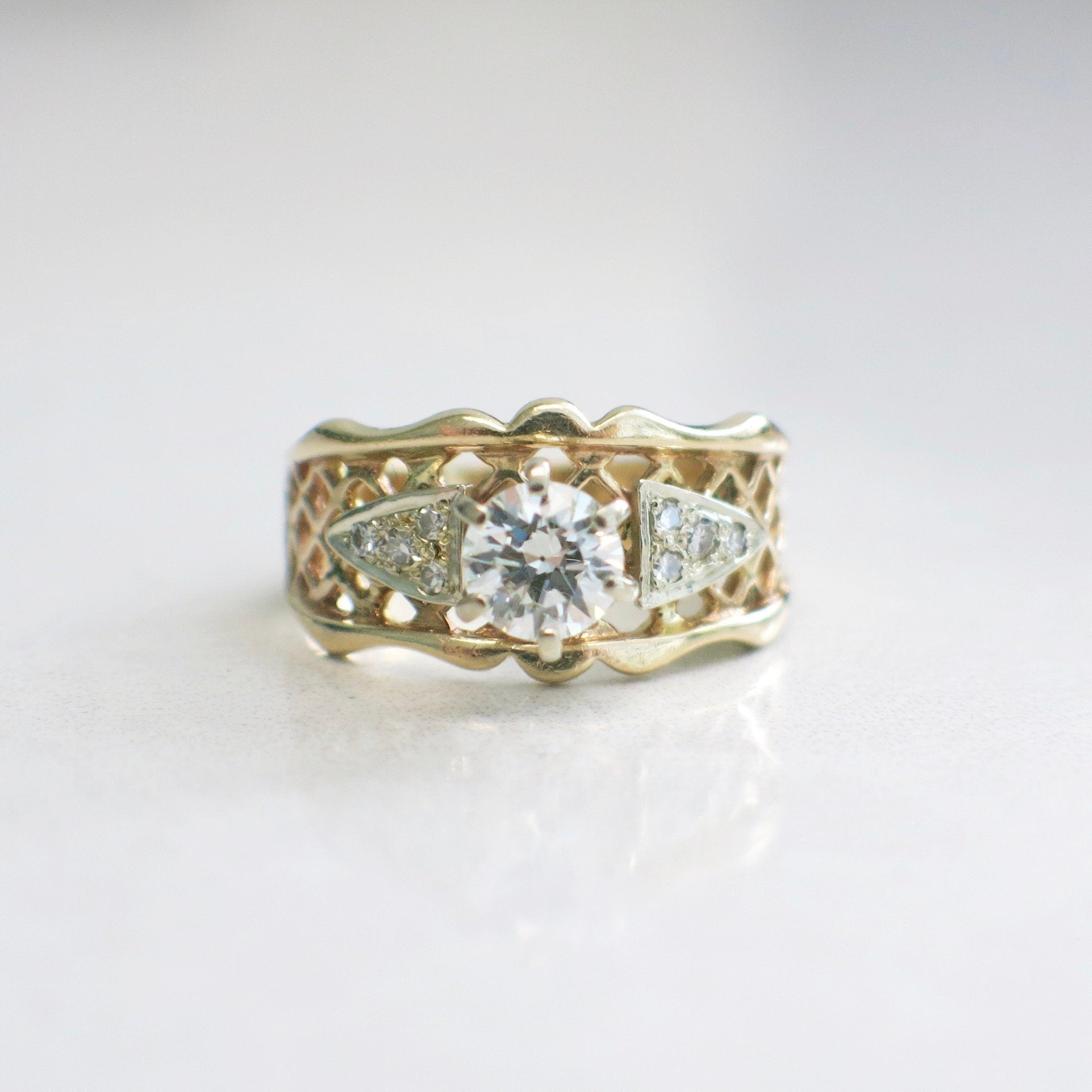 Vintage 14K Yellow Gold Diamond Engagement Ring – Lattice Wide Band, .70 CTW, Size 6.5 - Black Market LLC