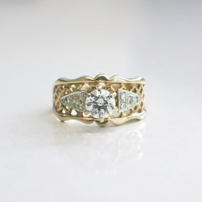 Vintage 14K Yellow Gold Diamond Engagement Ring – Lattice Wide Band, .70 CTW Round & Single Cuts, Size 6.5