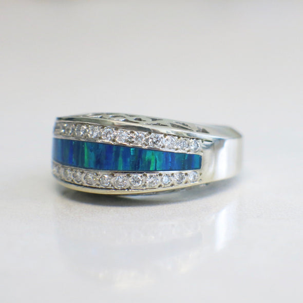 14K White Gold Australian Opal Inlay and Diamond Band, Vintage Filigree Ring