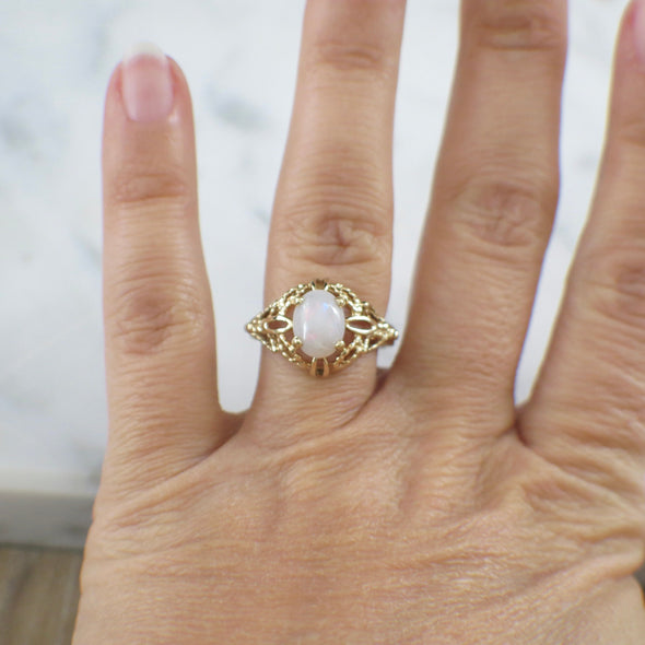 14K Yellow Gold Vintage Opal Ring | Oval Cabochon Fire Opal Filigree Setting Size 7