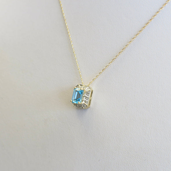 10K Gold Swiss Blue Topaz Necklace with Diamond Halo Pendant 18 Inch
